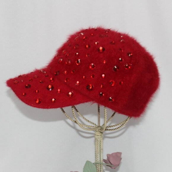 Rabbit Fur with Red Rhinestones Baseball Cap - Picture 4 of 11